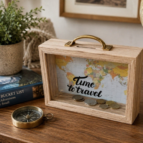 WOODEN MONEY BOX W/HANDLE